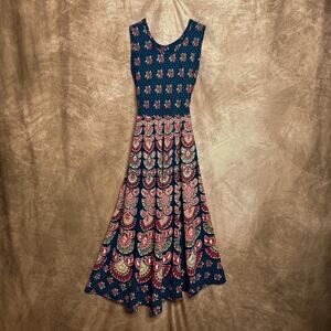 Vintage 90s Handmade Paisley Empire Waist Apron Dress Multicolor Sleeveless Boho